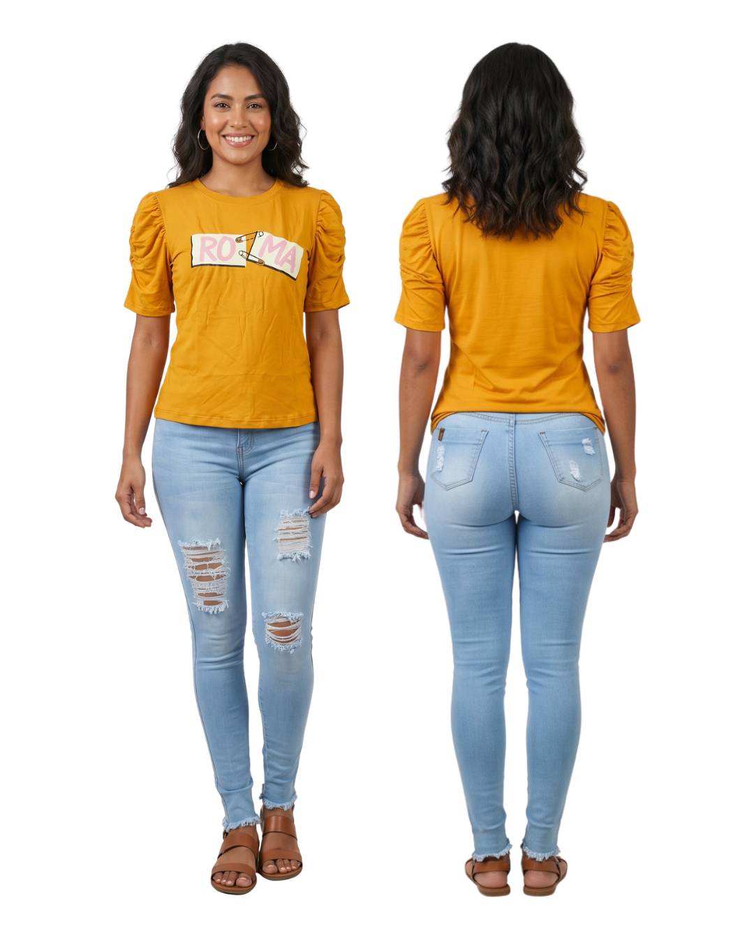 Camiseta mujer mostaza manga fruncida